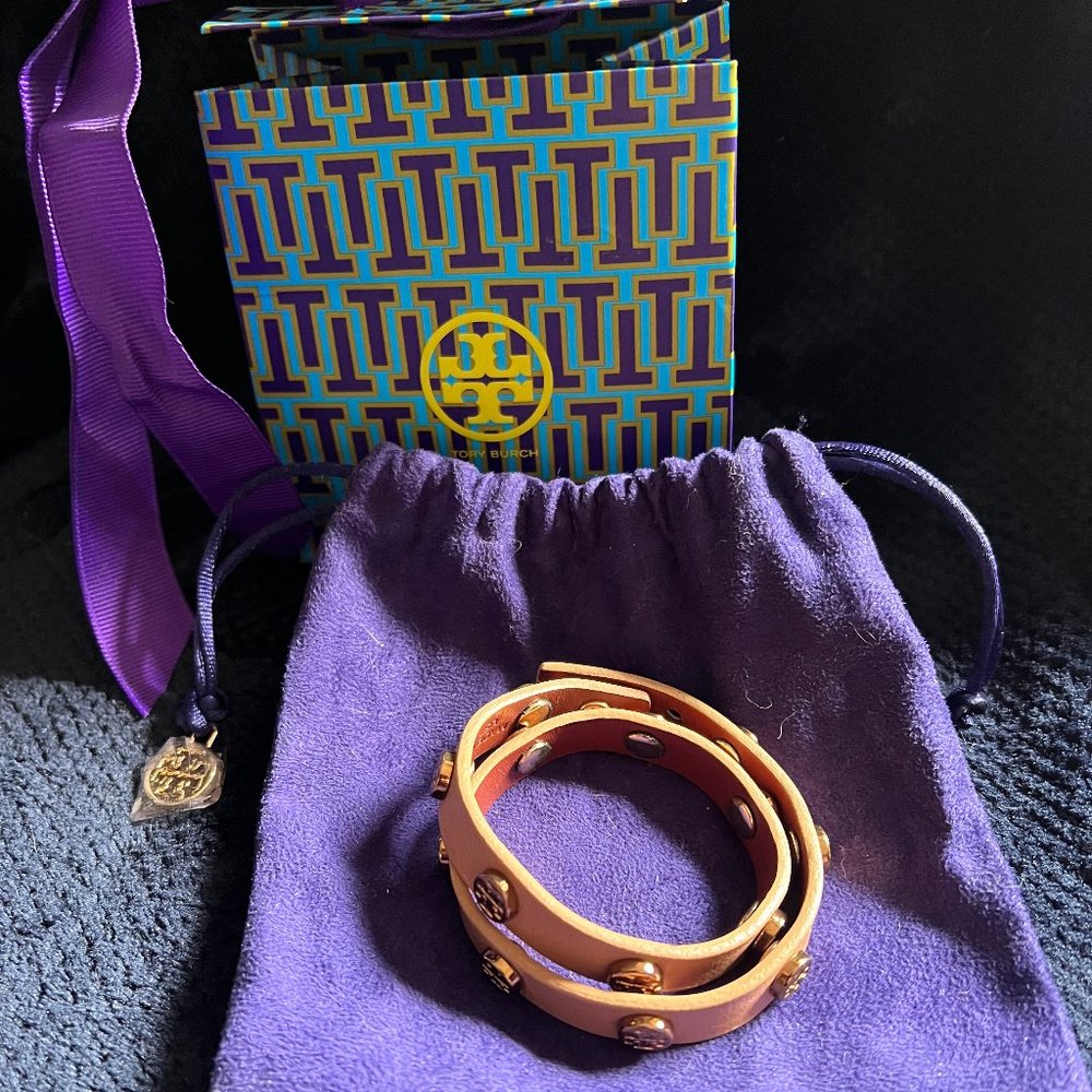 TORY BURCH Double Wrap Leather Logo Bracelet 🎁 in Original Drawstring Pouch